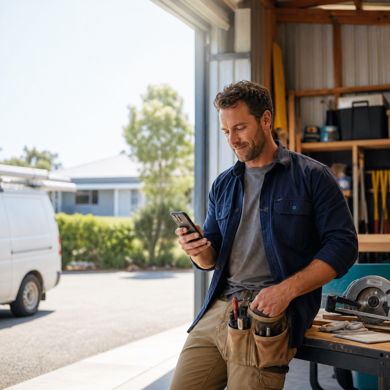 Tradesperson checking their phone in a workshop